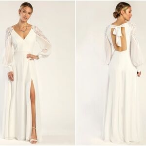 LULU's Bridal Wedding Romantic Flowy Elegant Lace Long Sleeve Maxi Gown